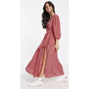 Glamorous Maxi Wrap Dress Womens Size 2 Red Ditsy Floral Balloon Sleeves